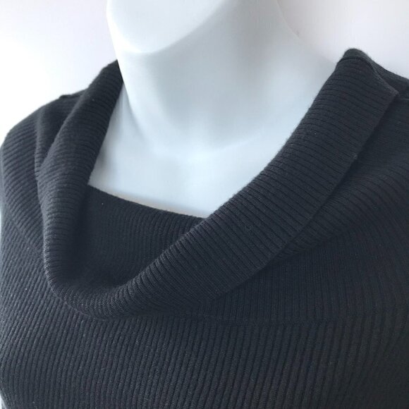 H by HALSTON LBD, black stretchy knit dress, cowl neck, mesh sleeves, sz M - Picture 3 of 14